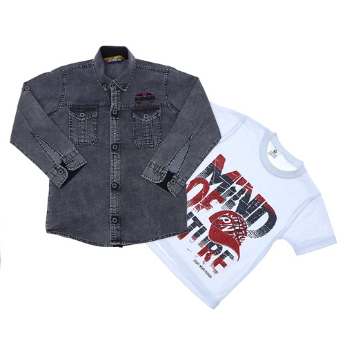 Bobiks 3410 Erkek Çocuk Garson Penyeli Mini Kot Gömlek Kar Yıkama Tişört Takım 9-12 Yaş - Füme