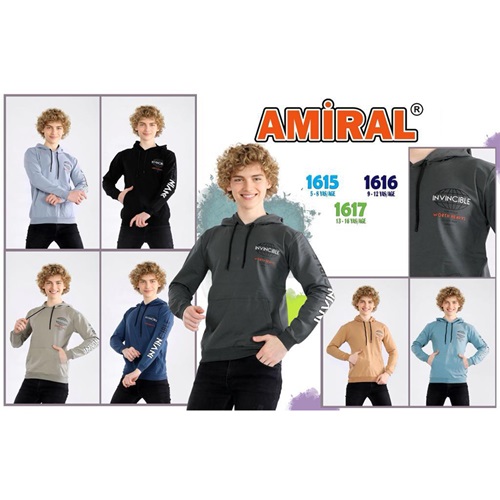 Amiral 1617 Erkek Çocuk Kapşonlu Invıncıble Bas 2 İp Sweat 13-16 Yaş - Bej - 13-16 YAŞ
