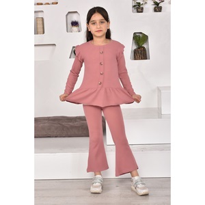 Damlanur Kız Çocuk Düğmeli Modelli Fitilli Takım 4-10 Yaş