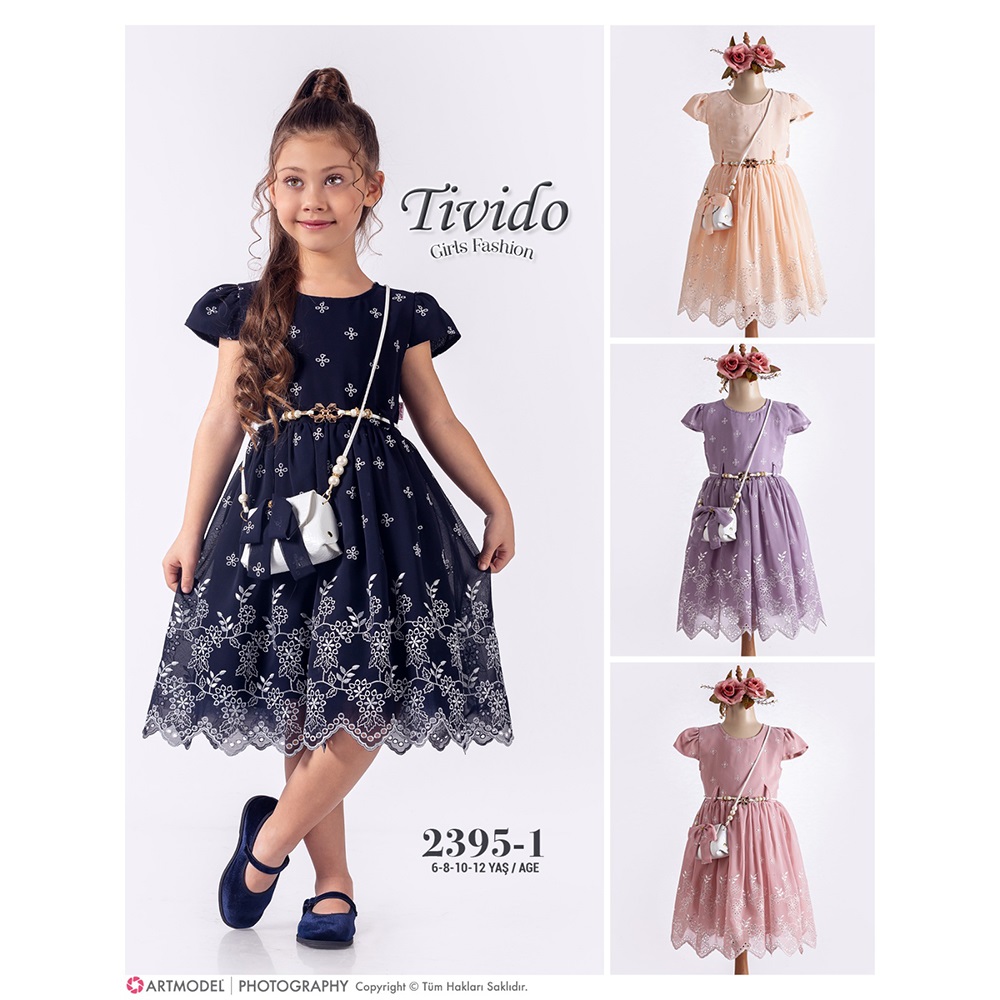 Tivido 2395 Kız Çocuk Çantalı Dantelli Elbise 6-12 Yaş - Pudra - 6-8-10-12 YAŞ