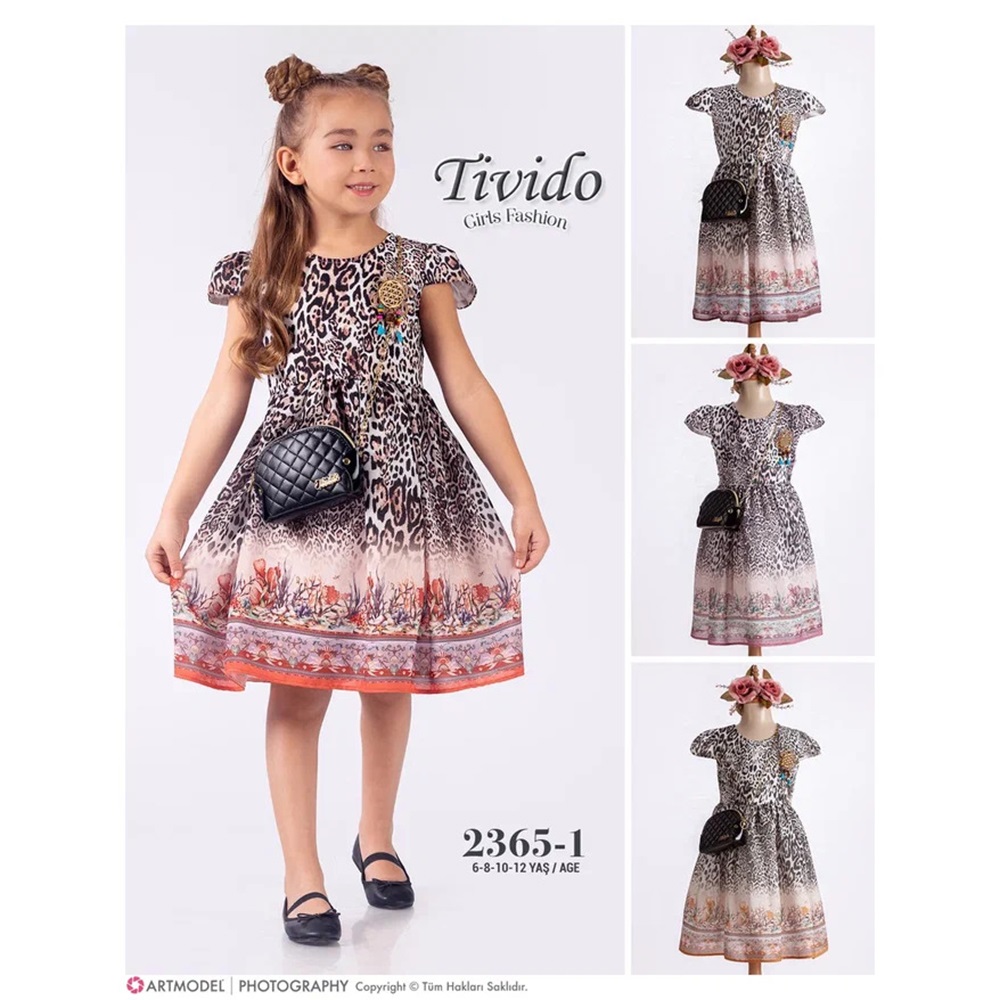 Tivido 2365 Kız Çocuk Çantalı Leopar Dantelli Elbise 6-12 Yaş - Leopar - 6-8-10-12 YAŞ