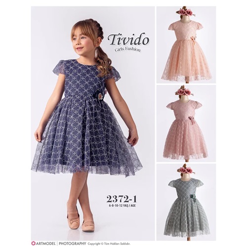 Tivido 2372 Kız Çocuk Dantelli Elbise 6-12 Yaş - Somon - 6-8-10-12 YAŞ