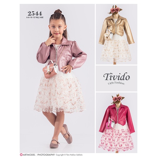 Tivido 2544 Kız Çocuk Deri Ceketli Çantalı Dantelli Elbise 6-12 Yaş - Pudra - 6-8-10-12 YAŞ