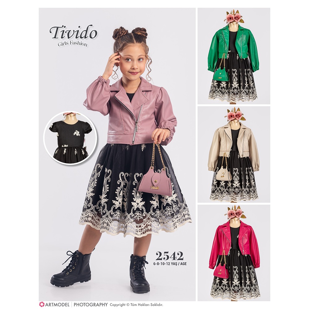 Tivido 2542 Kız Çocuk Dantelli Deri Ceketli Çantalı Elbise 6-12 Yaş - Yeşil - 6-8-10-12 YAŞ