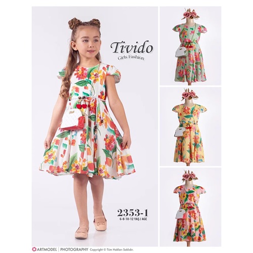Tivido 2353 Kız Çocuk Çantalı Tül Desenli Elbise 6-12 Yaş - Ekru - 6-8-10-12 YAŞ