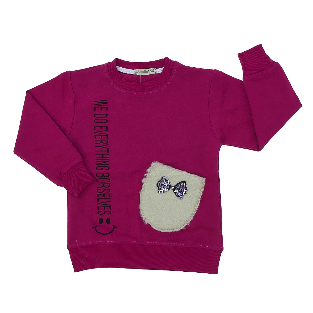 Almila 1119 Kız Çocuk Peluş Cep Modelli Penye Sıfır Yaka Sweat 5-8 Yaş - Somon