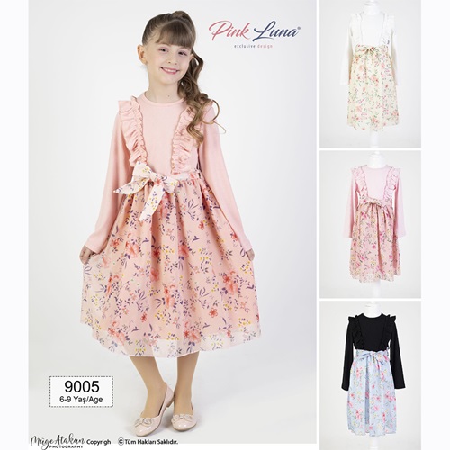 Pink Luna 9005 Kız Çocuk Çiçek Desenli Kemerli Elbise 6-9 Yaş - G.Kurusu