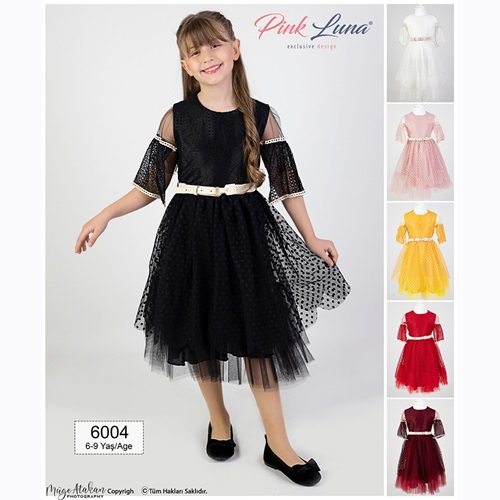 Pink Luna 6004 Kız Çocuk Kemerli Süslü Abiye Elbise 6-9 Yaş - Siyah