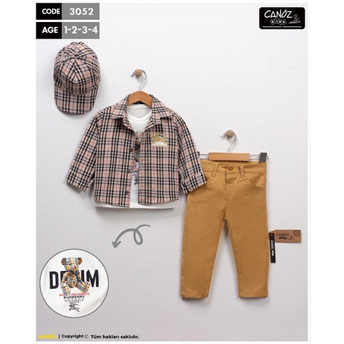 Canöz 3052 Erkek Çocuk Ekoseli Gömlekli 3 Lü Şapkalı Takım 1-4 Yaş - Füme
