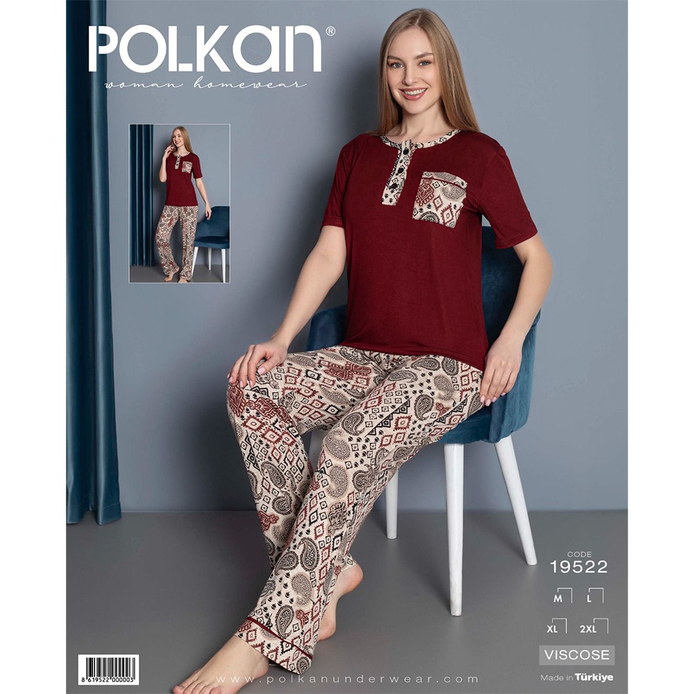 Polkan 19522 Bayan Viskon Nakışlı Y Kol Pijama Takımı M-L-XL-2XL - Bordo - M