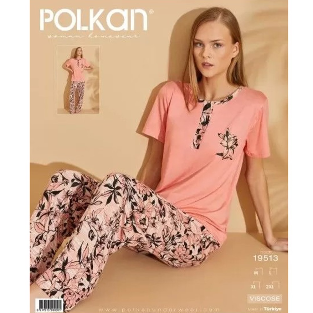 Polkan 19513 Bayan Viskon Nakışlı Y Kol Pijama Takımı M-L-XL-2XL - Somon - L