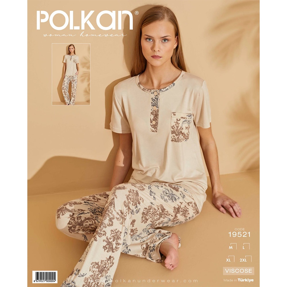 Polkan 19521 Bayan Viskon Nakışlı Y Kol Pijama Takımı M-L-XL-2XL - Bej - L