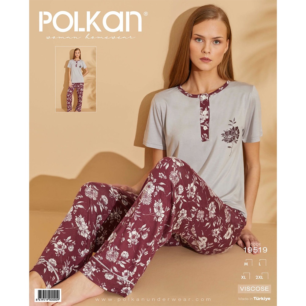 Polkan 19519 Bayan Viskon Nakışlı Y Kol Pijama Takımı M-L-XL-2XL - Gri - XXL