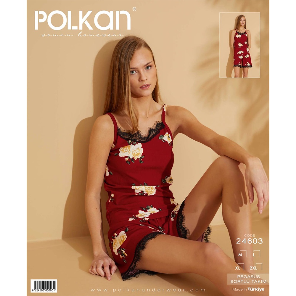 Polkan 24603 Bayan Pegasus Desenli Şortlu Pijama Takımı M-2XL - Bordo - M