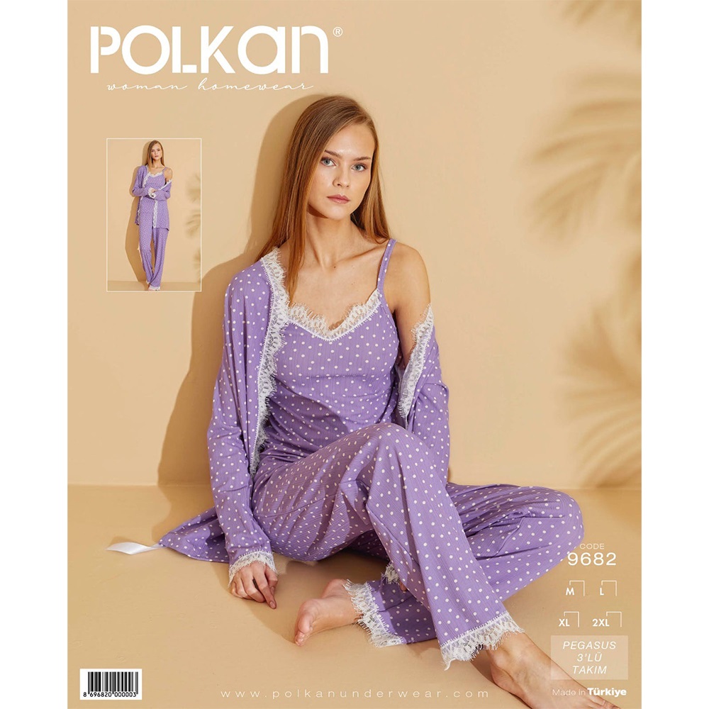 Polkan 9682 Bayan Pegasus 3 Lü Desenli Pijama Takımı M-2XL - Lila - L