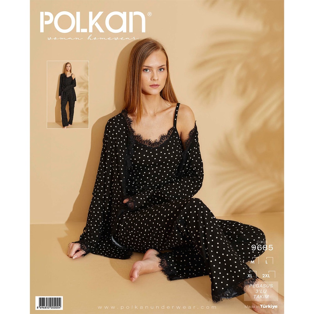 Polkan 9685 Bayan Pegasus 3 Lü Desenli Pijama Takımı M-2XL - Siyah - XXL