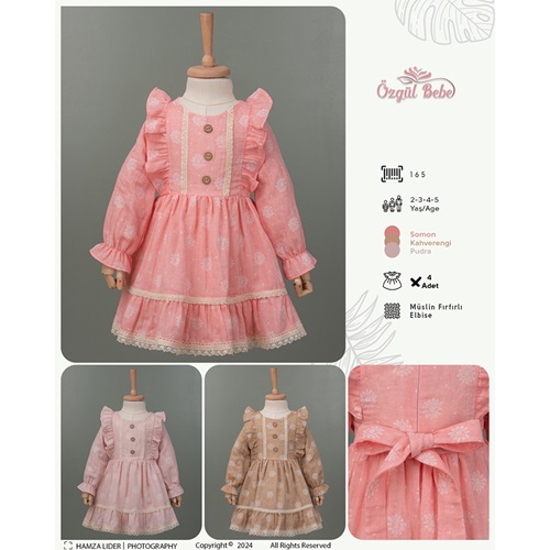 Özgül 165 Kız Çocuk Müslin Kumaş Fırfırlı Elbise 2-5 Yaş - Pudra