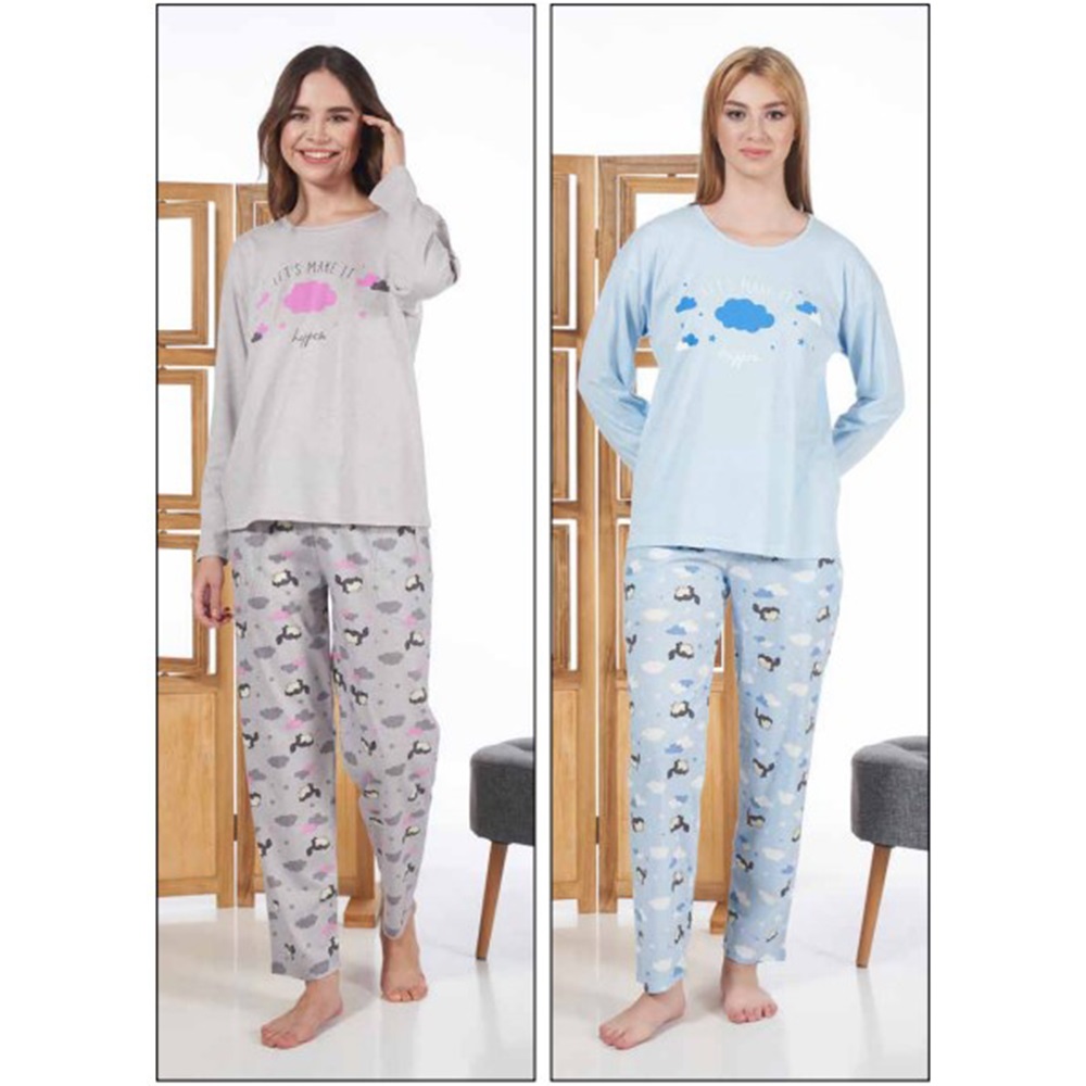 Estiva 24122 Bayan Süprem Uzun Kol Pijama Takımı S-M-L-XL - Mavi