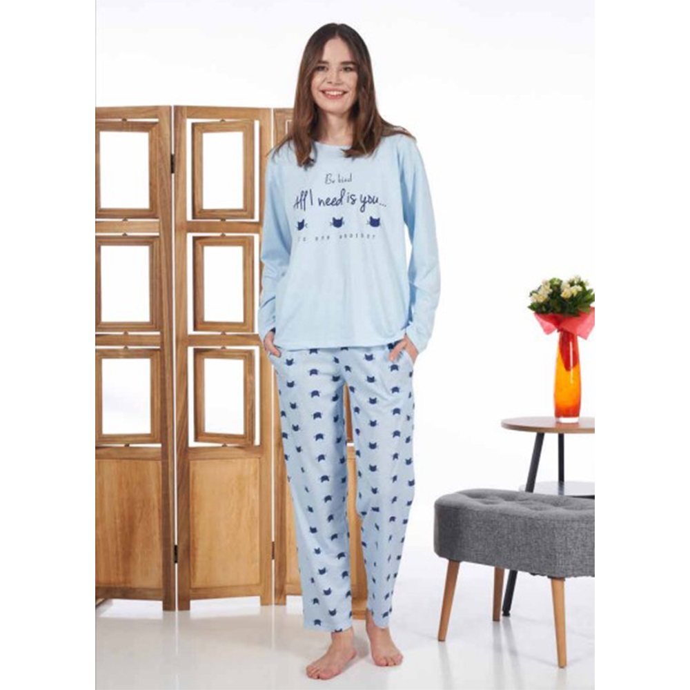 Estiva 24123 Bayan Süprem Uzun Kol Pijama Takımı S-M-L-XL - Mavi