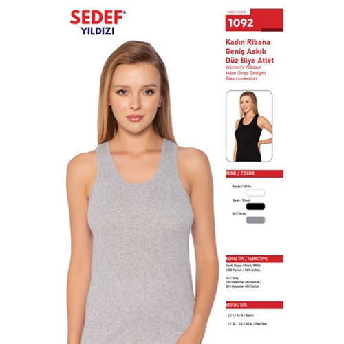 Sedef Yıldız 1092 Bayan Ribana Geniş Askılı Düz Atlet - Beyaz