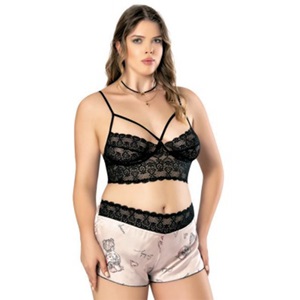 NightLight 3562 Bayan Battal Dantelli Şortlu Saten Fantazi Takım Gecelik - Bej-Siyah