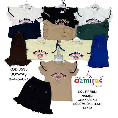 Ti-Du 8533 Kız Çocuk Kol Fırfırlı Nakışlı Cep Kapaklı Bürümcük Etekli Takım 3-7 Yaş - Lacivert