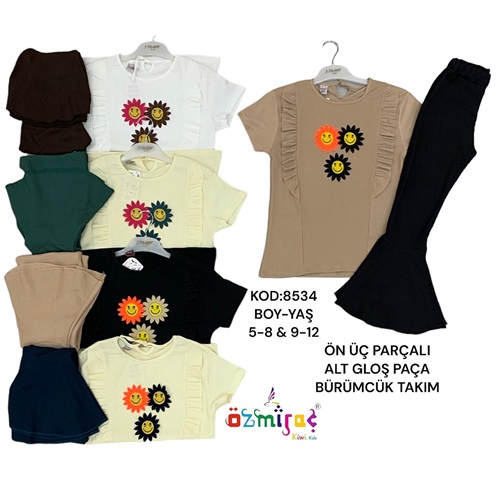 Ti-du 8534 Kız Çocuk Ön Üç Parçalı Nakışlı Gloş Paçalı Alt Takım 5-8 Yaş - Krem