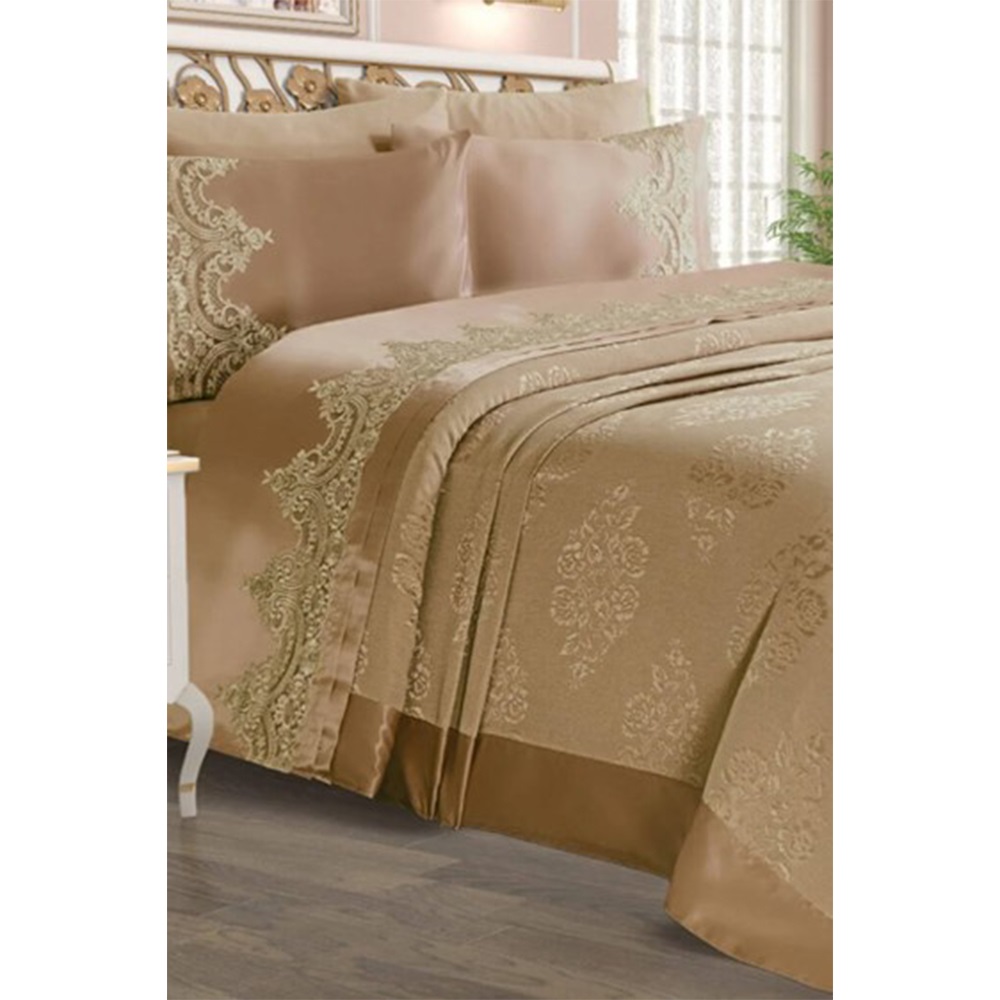 Çeyizland Brokar Fransız Pike Takımı 6 Parça Çift Kişilik 240x240cm - Gri - PAKET İÇİ TEK RENK