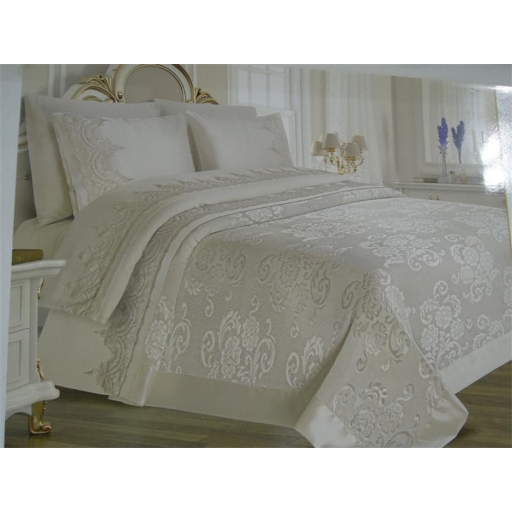 Çeyizland Brokar Fransız Pike Takımı 6 Parça Çift Kişilik 240x240cm - Gri - PAKET İÇİ TEK RENK