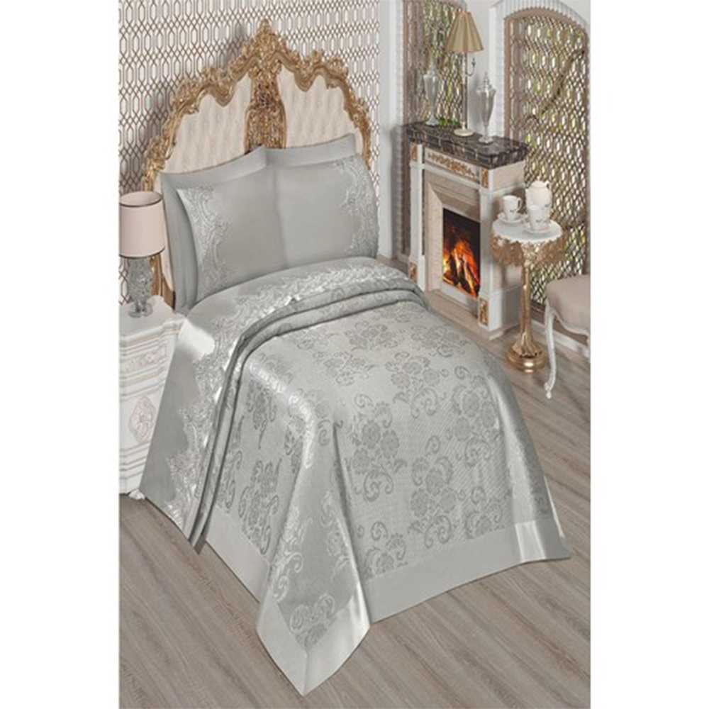 Çeyizland Brokar Fransız Pike Takımı 6 Parça Çift Kişilik 240x240cm - Gri - PAKET İÇİ TEK RENK