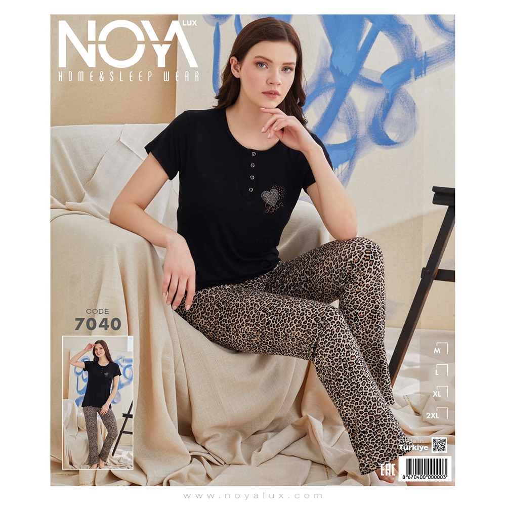Noya Lux 7040 Bayan Ring Viscom Kısa Kol Patlı Pijama Takımı M-XXL - 7040 - Siyah - L