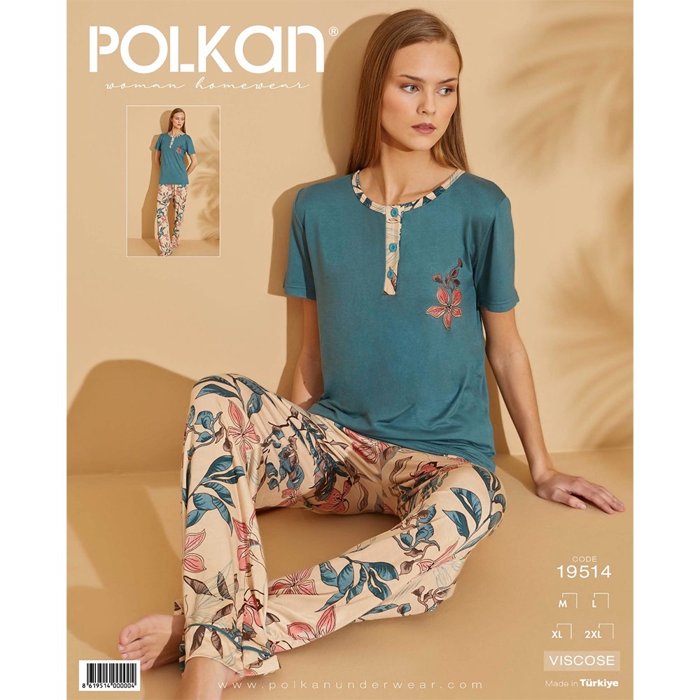 Polkan 19514 Bayan Viskon Nakışlı Y Kol Pijama Takımı M-2XL - 19514 - P.Yeşili - M
