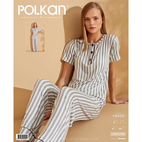 Polkan 19500 Bayan Viskon Çizgili Y Kol Pijama Takımı M-2XL