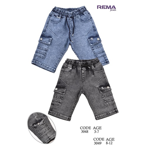 Rema 3048 Erkek Çocuk Kar Yıkama Pontirizli Kargo Cep Kot Kapri 3-7 Yaş - Kot Mavi