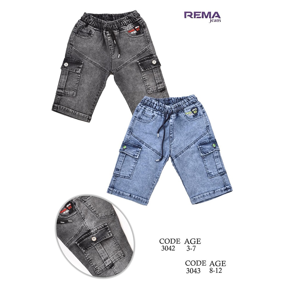 Rema 3042 Erkek Çocuk Kar Yıkama Bacak İki Parça Kargo Cep Kot Kapri 3-7 Yaş - Füme