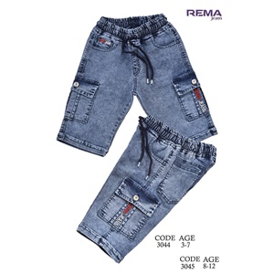 Rema 3045 Erkek Çocuk Kar Yıkama Denim Nakış Kargo Cep Kot Kapri 8-12 Yaş