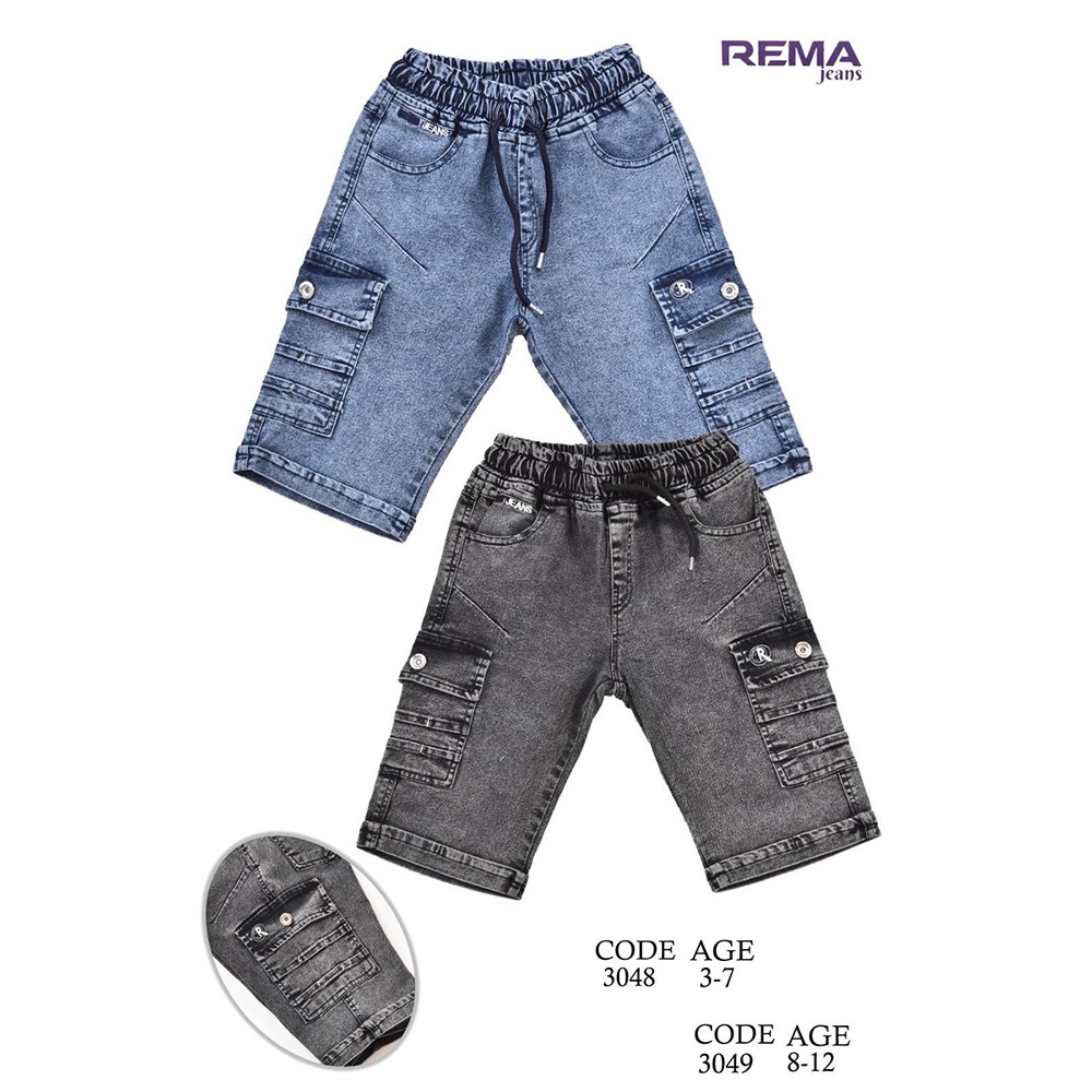 Rema 3049 Erkek Çocuk Kar Yıkama Pontirizli Kargo Cep Kot Kapri 8-12 Yaş - Kot Mavi