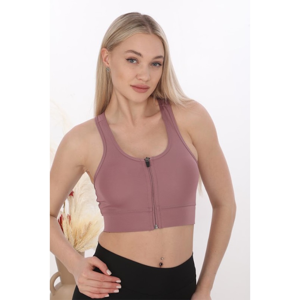 Form Angel 5860 Bayan Micro Elestan Fermuarlı Sporcu Crop - Vizon - S-M