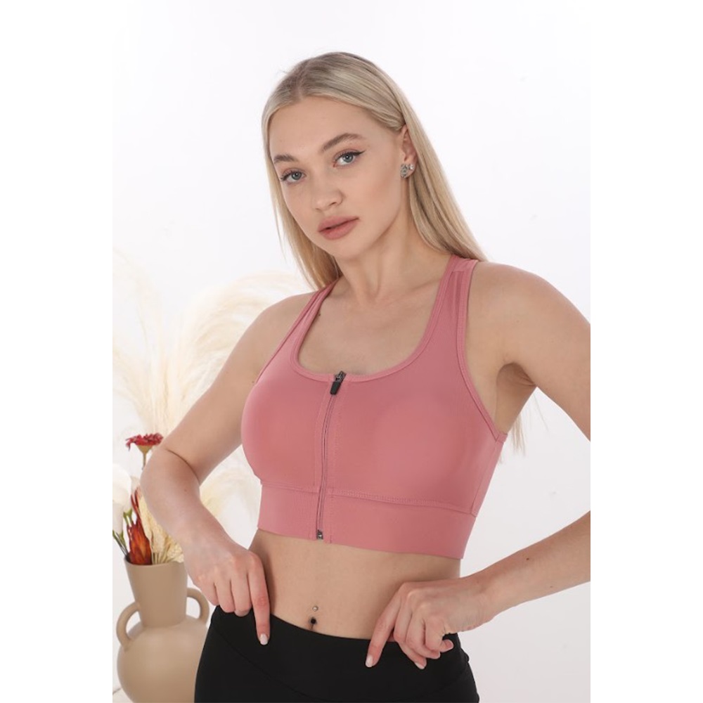 Form Angel 5860 Bayan Micro Elestan Fermuarlı Sporcu Crop - Vizon - S-M
