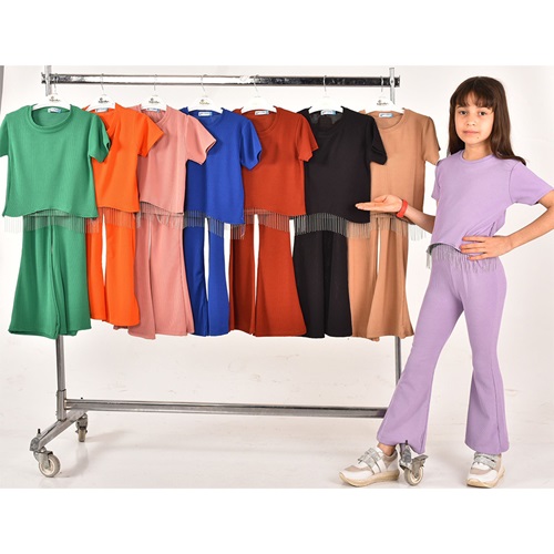 Damlanur Kız Çocuk Zincirli Model İspanyol Paça Takım 4-10 Yaş - Bej