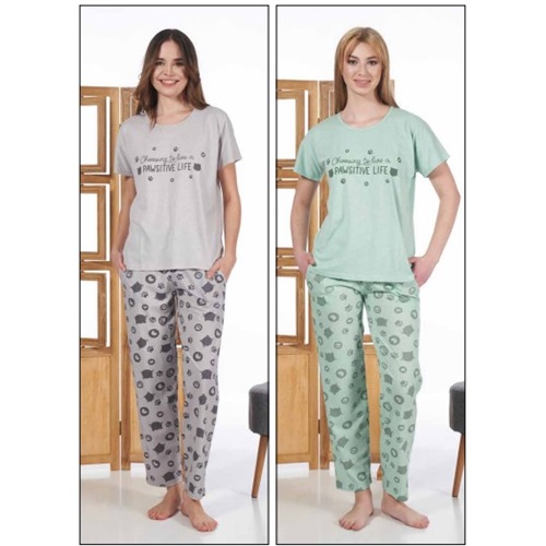 Estiva 24115 Bayan Süprem Kısa Kol Pijama Takım S-M-L-XL - Su Yeşili