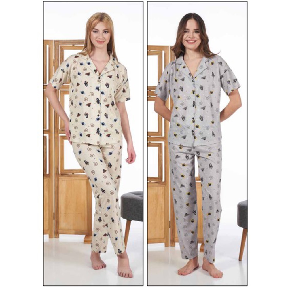 Estiva 24124 Bayan Süprem Önü Düğmeli Kısa Kol Pijama Takımı S-M-L-XL - Bej