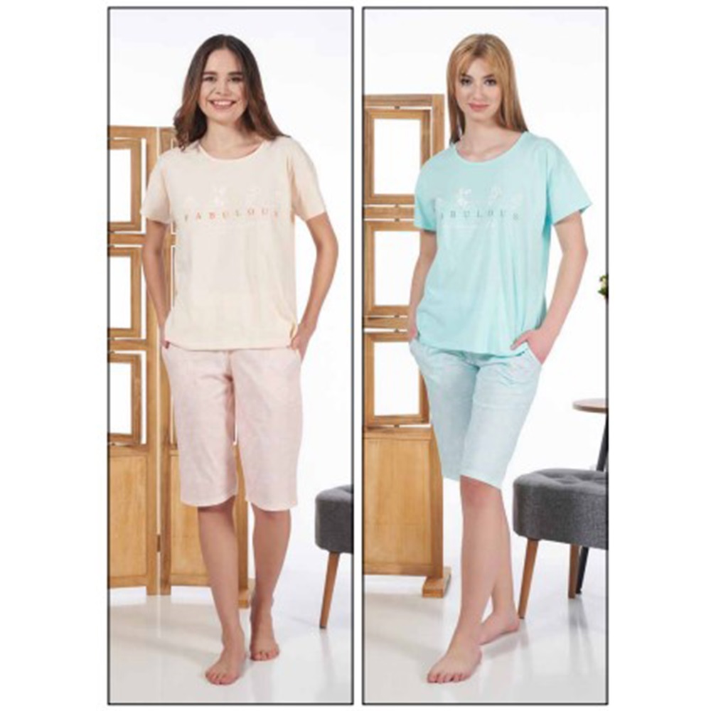 Estiva 24055 Bayan Süprem Kısa Kol Kapri Pijama Takımı S-M-L-XL - 24055 - Turkuaz