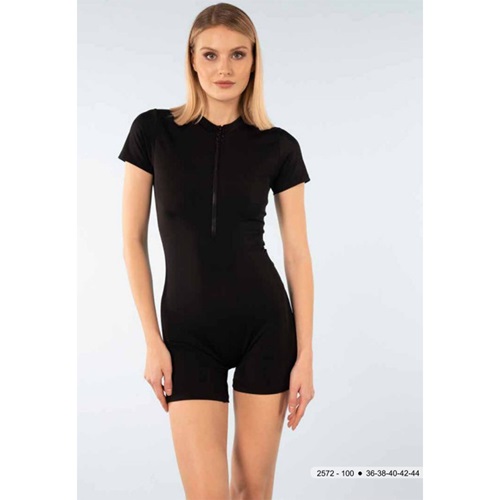 Estiva 2572 100 Bayan Fermuarlı Yarım Kol Şortlu Mayo S-2XL - Siyah - S