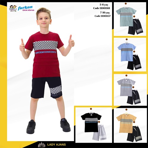 Furkan 1164 Erkek Çocuk Penye Dama Desenli Nice Baskılı Şortlu Takım 7-10 Yaş - Bordo - 7-8-9-10 YAŞ