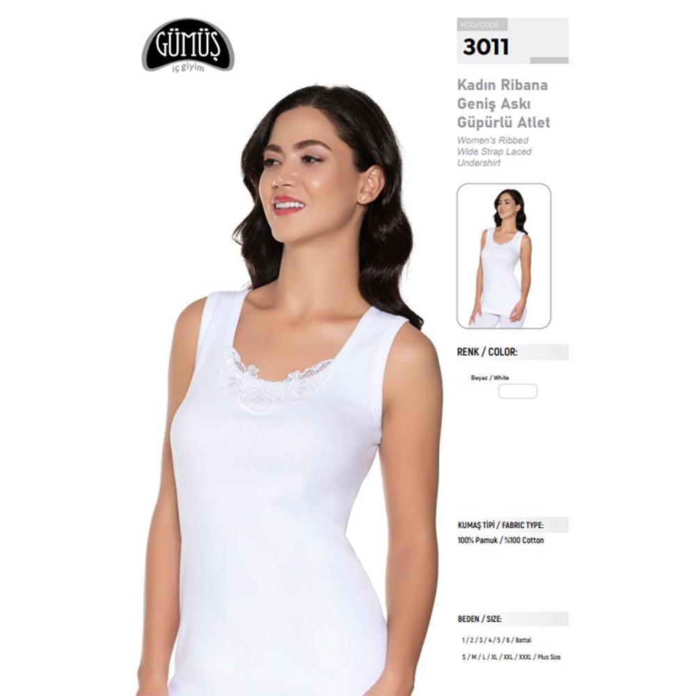 Gümüş 3011 Bayan Penye Güpürlü Geniş Askılı Atlet 6 Lı - Beyaz - 2