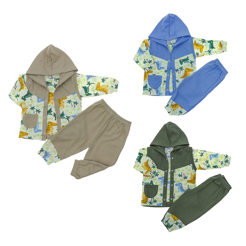 Çağkon 2013 Erkek Çocuk Penye Dinazorlu Kapşonlu Yelekli 3 lü Takım 1 Yaş