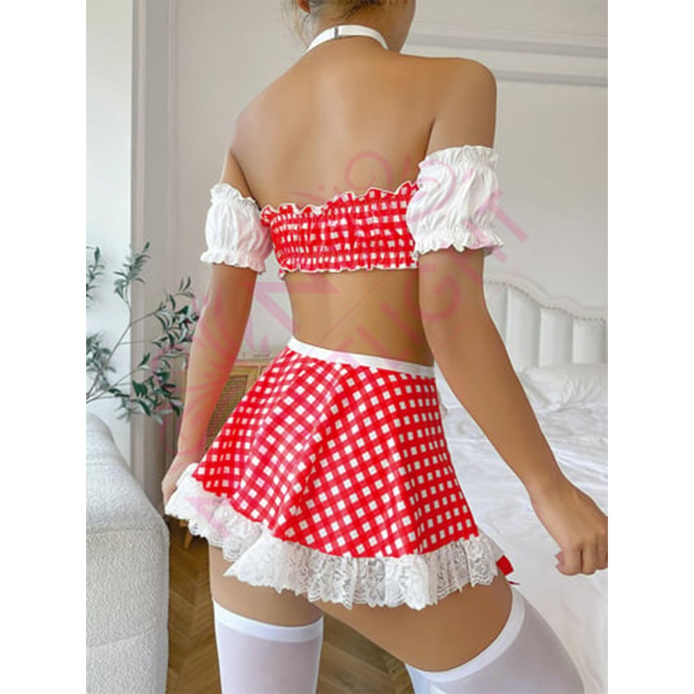 Nightlight 3633 Bayan Fantazi Jartiyerli Hizmetçi Kostüm Gecelik - Kırmızı - S-M