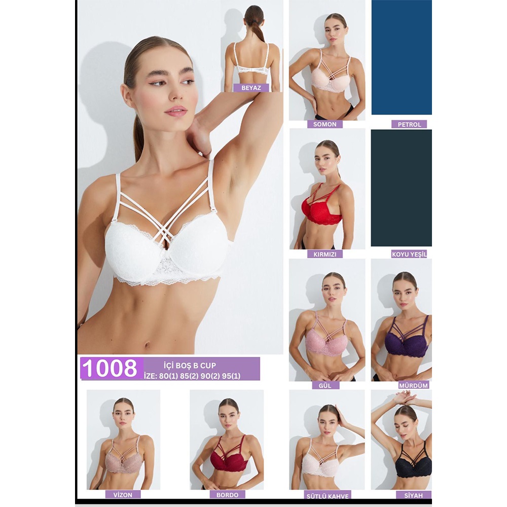 DP De Pier 1008 Bayan Dantelli Çift Çapraz İpli Dolgusuz Sütyen 80-95 - Beyaz - 80-85-90-95
