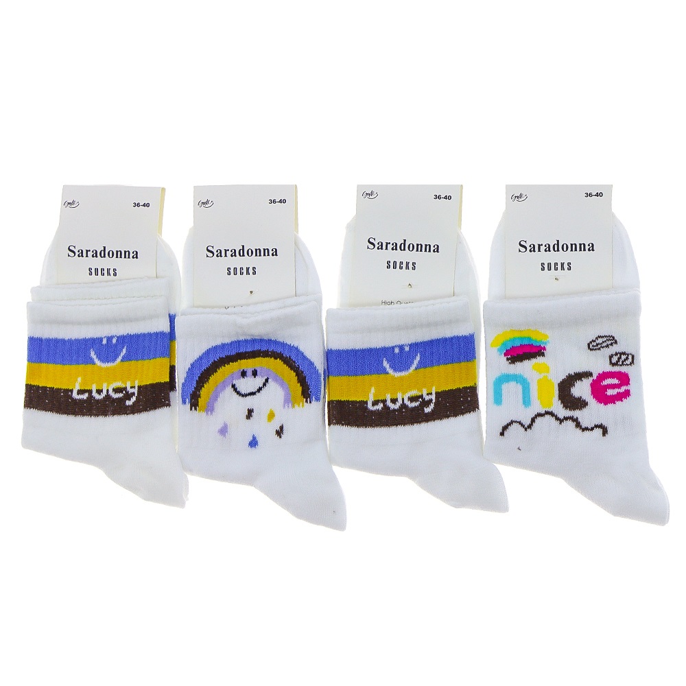 Saradonna 9628 Bayan Likralı Desenli Kolej Çorap - Beyaz - PAKET İÇİ TEK RENK